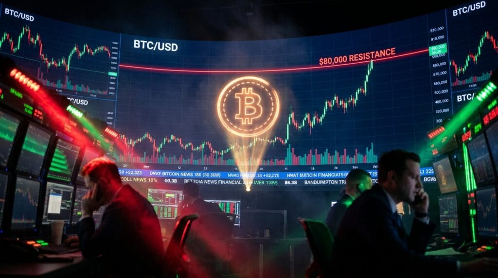Bitcoin price chart showing consolidation below $80K resistance