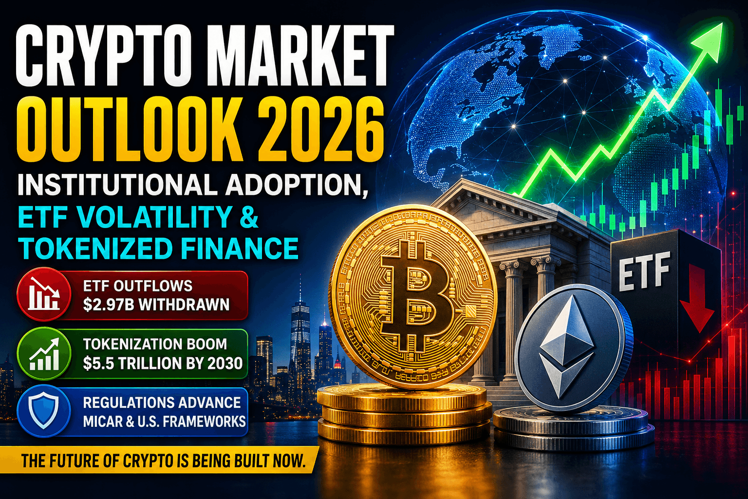 Crypto market outlook 2026 showing Bitcoin ETF outflows, institutional adoption, tokenized finance, and global cryptocurrency regulations.